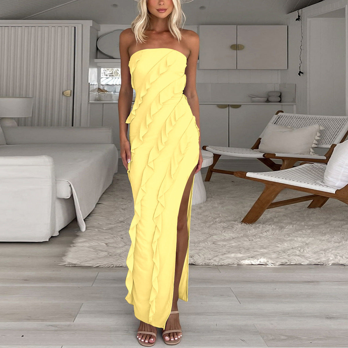 Ruffle Detail Slim Fit Strapless Gown