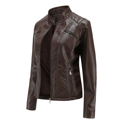 Women's casual faux leather stand-up collar jacket