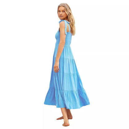 Women’s Midi Dress – Smocked Bodice – Adjustable Tie Straps – Tiered A-Line Skirt