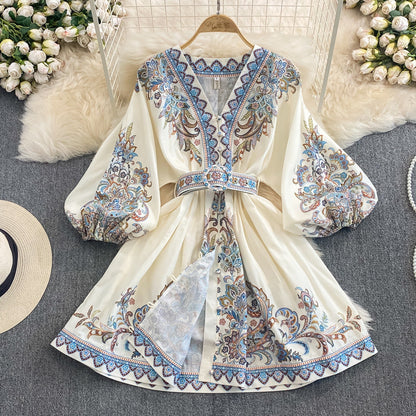Women’s Maxi Dress – Relaxed Fit – V-Neck with Trim – Belted Waist – Paisley Print
