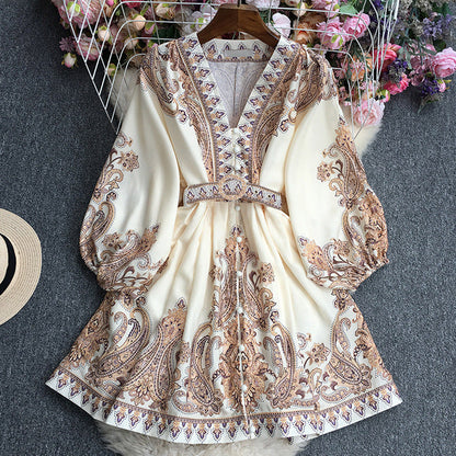 Women’s Maxi Dress – Relaxed Fit – V-Neck with Trim – Belted Waist – Paisley Print
