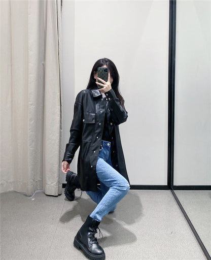 Women’s Shirt Jacket – Faux Leather – Loose Fit – Snap Buttons – Chest Pockets – Mid-Length
