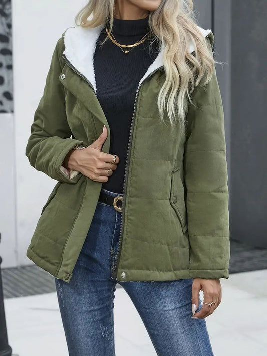 Quilted Fleece Lined Hooded Short Coat 