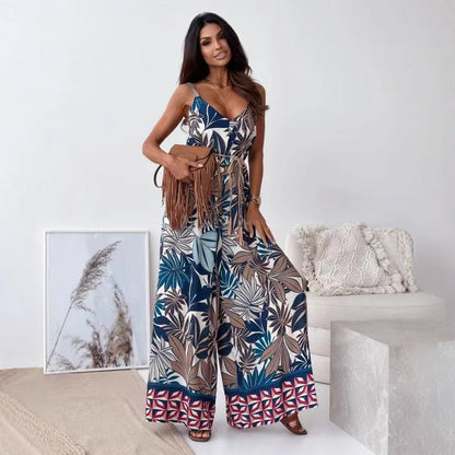 Women’s Jumpsuit – Lightweight Wide-Leg – V-Neck Spaghetti Strap – Belted Waist