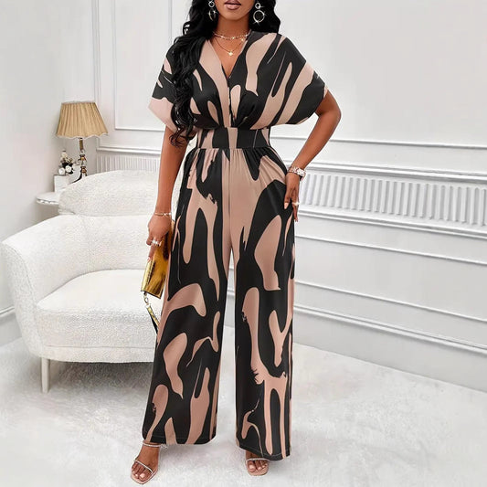 Abstract Print Cinched Waist Wide Leg Jumpsuit