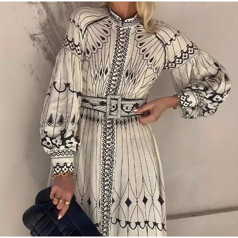 Women’s Midi Dress – Tailored Fit – Ornate Pattern – Long Sleeve – Belted Waist