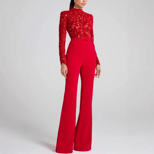Lace Embroidered Belted Waist Jumpsuit