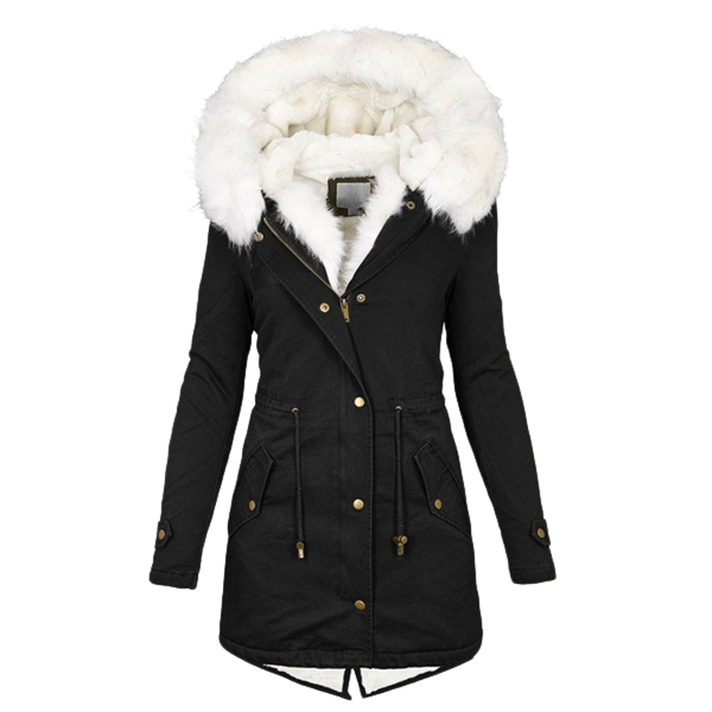 Women's hooded cotton coat with fur collar and waist tie