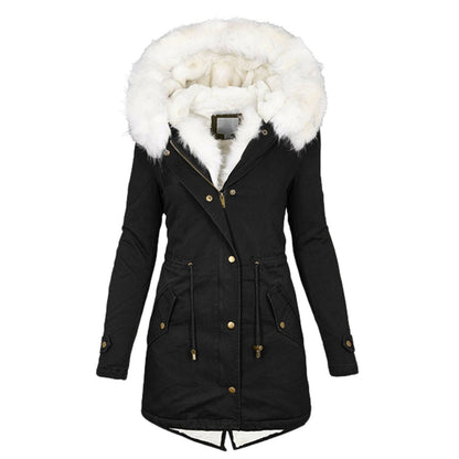 Women's hooded cotton coat with fur collar and waist tie