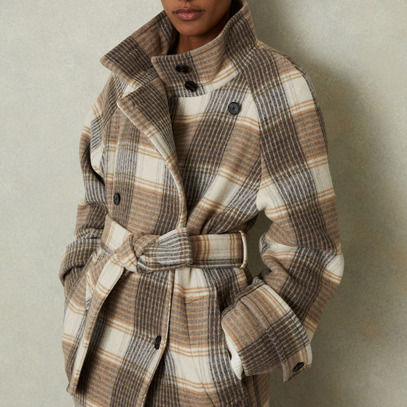 Wool Blend Oversized Check Pattern Trench Coat 
