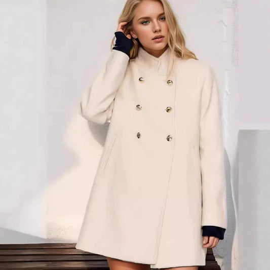 Structured Wool Blend Double-Breasted A-Line Coat 