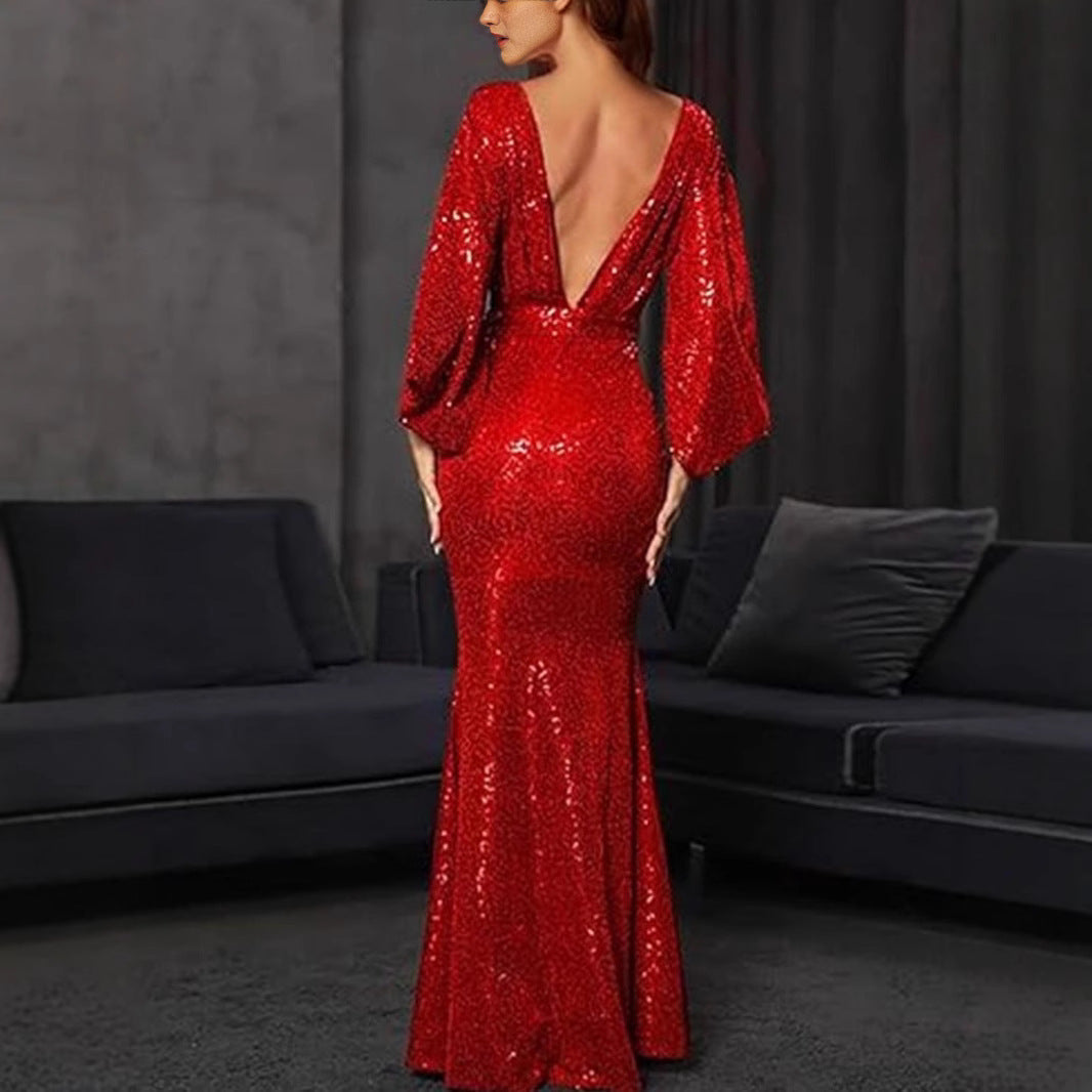 Women’s Evening Gown – Sequin Embellished – Mermaid Fit – Deep V-Neck – Belted Waist