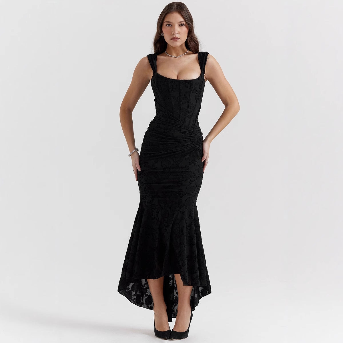 Women’s Evening Dress – One-Shoulder Mermaid Fit – Satin Finish – Ruched Waist
