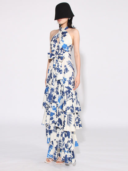 Women's Evening Gown - Halter Neck Cutout - Floral Print - Tiered Ruffle Floor-Length