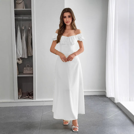 Off-Shoulder Corset Back White Maxi Dress