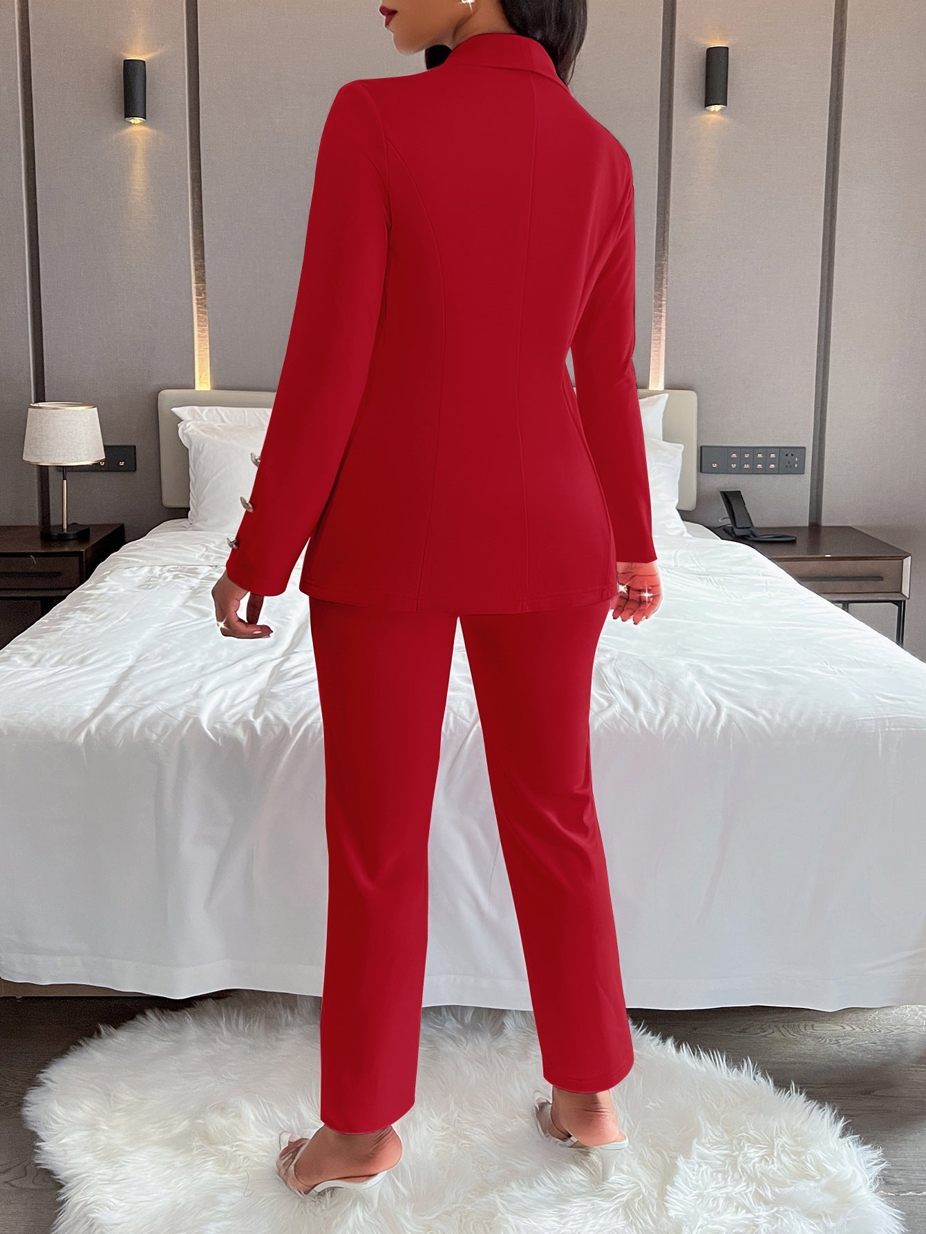 Women's double-breasted casual suit set with long sleeves