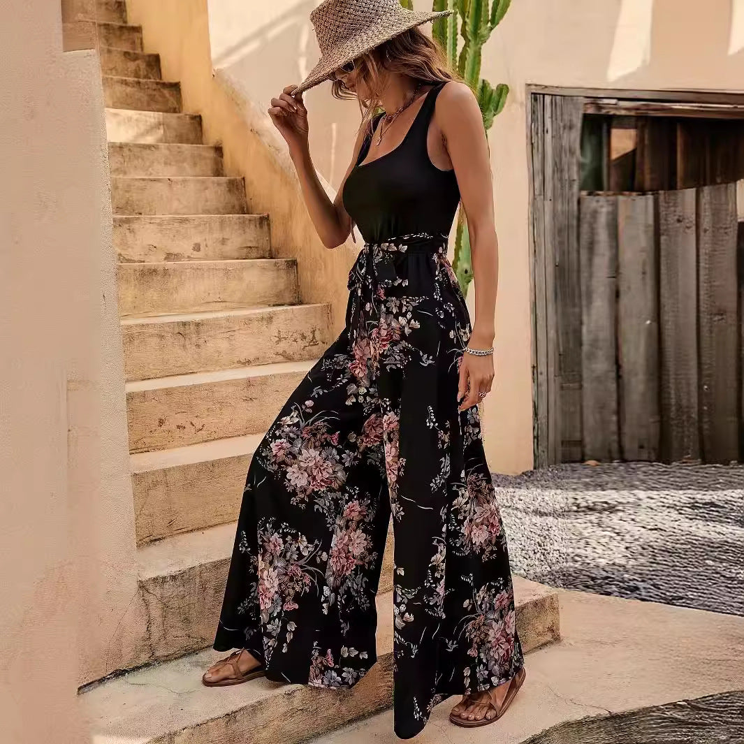 Floral Print Lightweight Wide Leg Jumpsuit