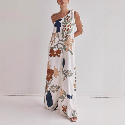 Women’s One-Shoulder Dress – Full Length – Lightweight Cotton – Bold Print – Relaxed Fit