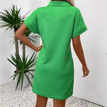 Women’s Polo Dress – Relaxed Fit – Textured Fabric – Short Batwing Sleeve – Above Knee