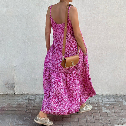 Women’s Midi Dress – V-Neck Sleeveless – Relaxed Fit – Tiered Skirt – Waist Tie – Printed