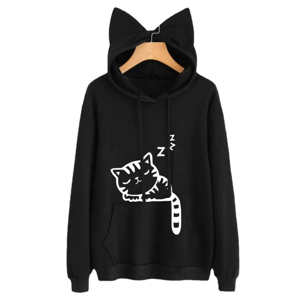 Women’s Hooded Sweatshirt – Loose Fit – Plush Feel – Cat Ears – Kangaroo Pocket