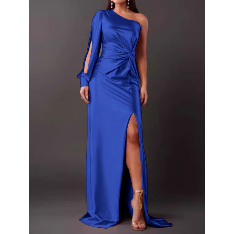 Women’s Maxi Dress – One Shoulder – Satin Finish – High Slit – Ruched Slim Fit