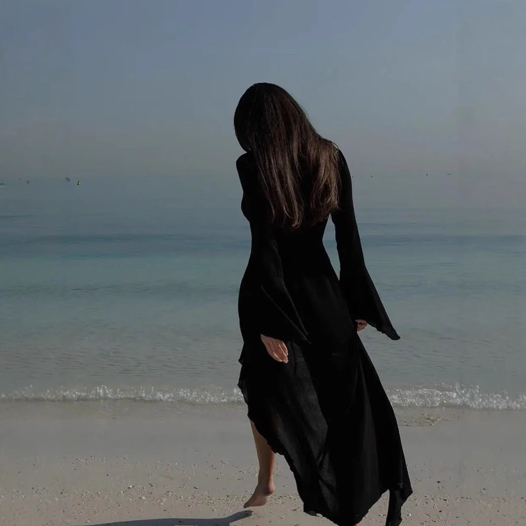 Sheer Ruffled Trim Open Front Cover-Up Dress