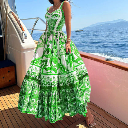 Women’s Suspender Dress – Flowing Fit – Breathable Blend – Tiered Maxi Skirt – Printed Design