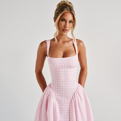 Women’s Midi Dress – Princess Silhouette – Square Neck – Cotton Blend – Checkered Pattern