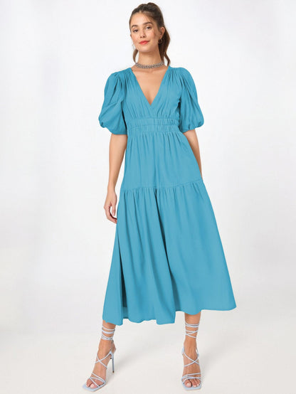 Women’s Midi Dress – Deep V-Neck – Puff Sleeves – Fitted Waist – Tiered Skirt