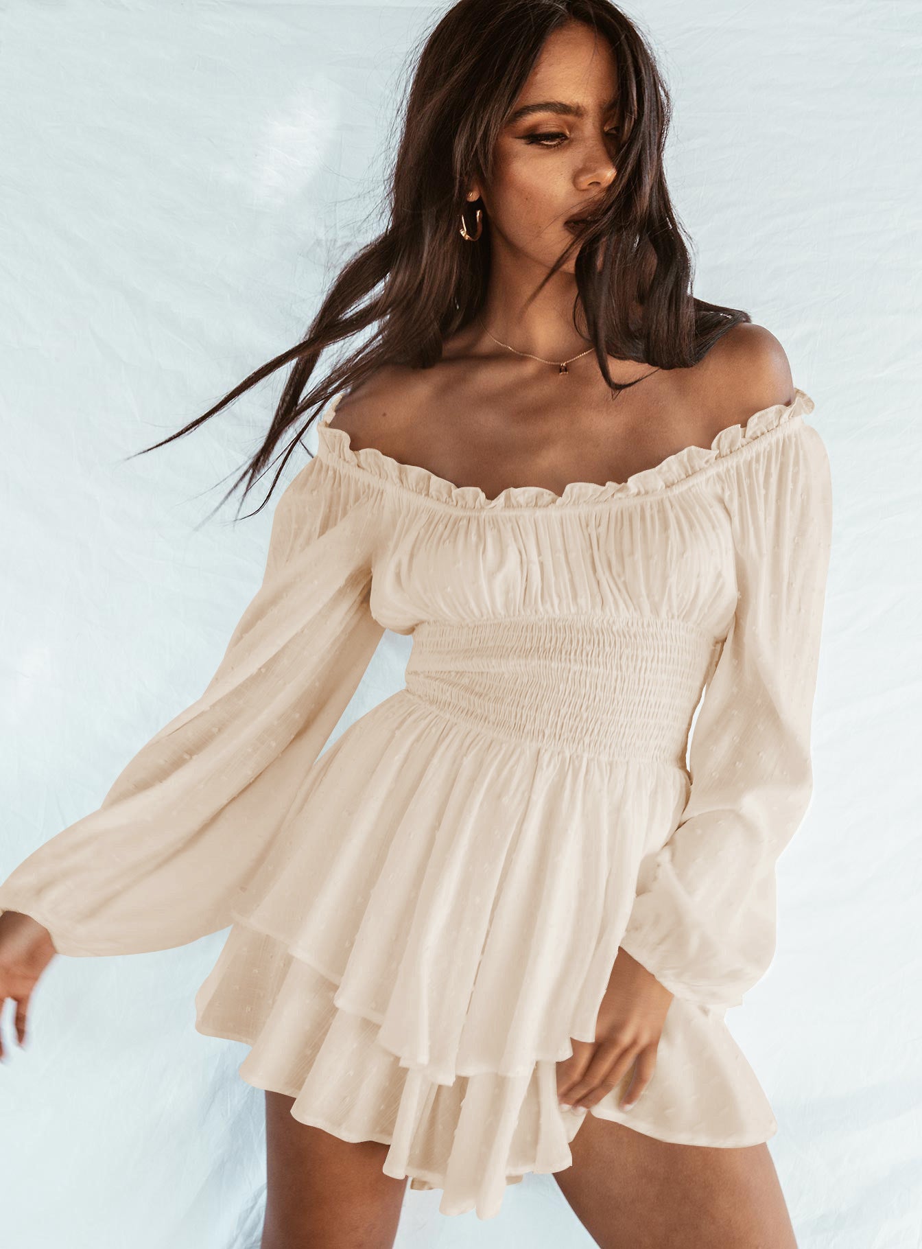 Women's Off-Shoulder Shirred Dress - Long Sleeves - Flowing Ruffle Hem