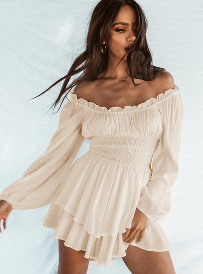 Women's Off-Shoulder Shirred Dress - Long Sleeves - Flowing Ruffle Hem