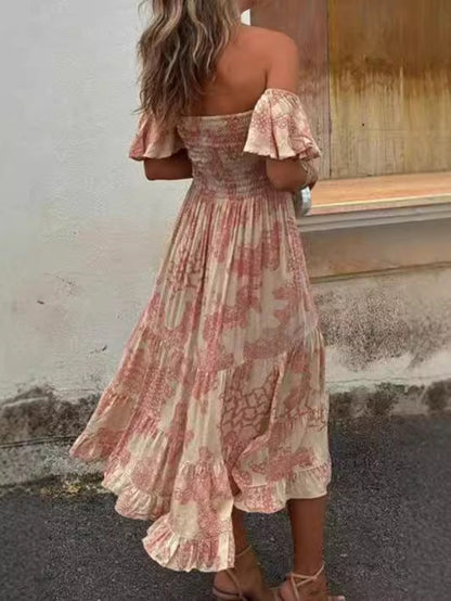 Women’s Off-Shoulder Dress – Shirred Bodice – Ruffled Sleeves – A-Line Midi Fit
