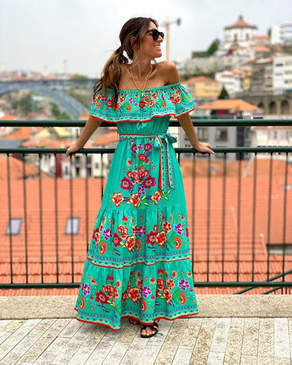 Women’s Maxi Dress – Off-Shoulder Ruffle Top – Floral Print – Belted Cotton Blend