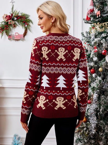 Women’s Sweater – Relaxed Fit – Jacquard Knit – Crew Neck – Long Sleeve Festive Pattern