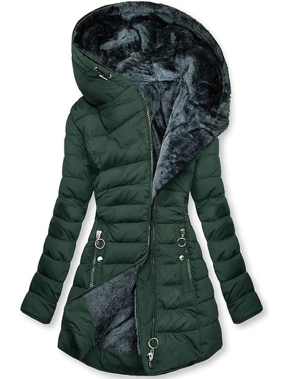 Women’s Puffer Jacket – Faux Fur Lined Hood – Quilted Mid-Thigh – Fitted Warm Style