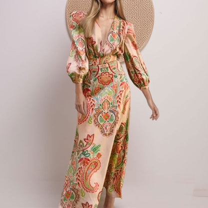 Women’s A-Line Dress – Satin Feel – V-Neck – Long Sleeve – Paisley – Fitted Waist