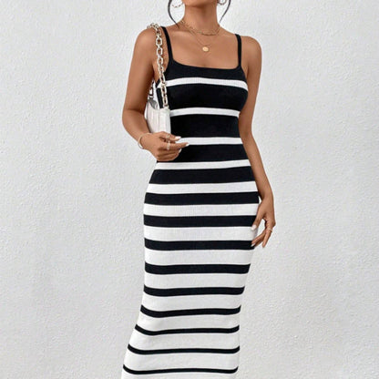 Women’s Bodycon Dress – Slim Fit – Knit Fabric – Spaghetti Strap – Striped Midi Length