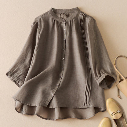 Women’s Half-Sleeve Shirt – Relaxed Fit – Natural Fibers – Stand Collar – Pleated Front
