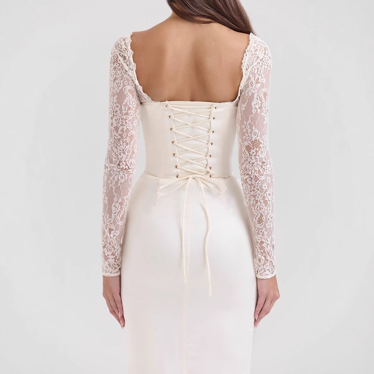 Satin Lace Long Sleeve Evening Dress