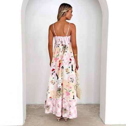 Women’s Maxi Dress – A-Line Fit – Backless – Spaghetti Strap – Floral Print – Lightweight