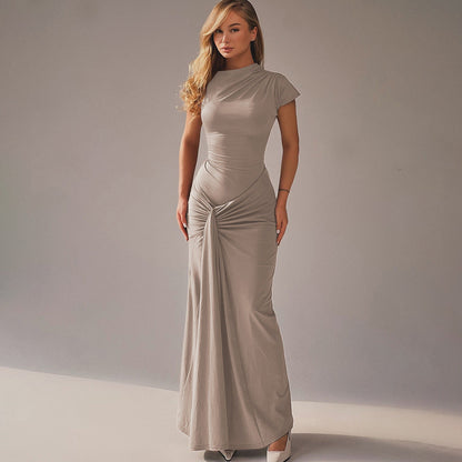 Women’s Full-Length Dress – Stretch Fabric – Draped Waist – Short Sleeve Formal Fit