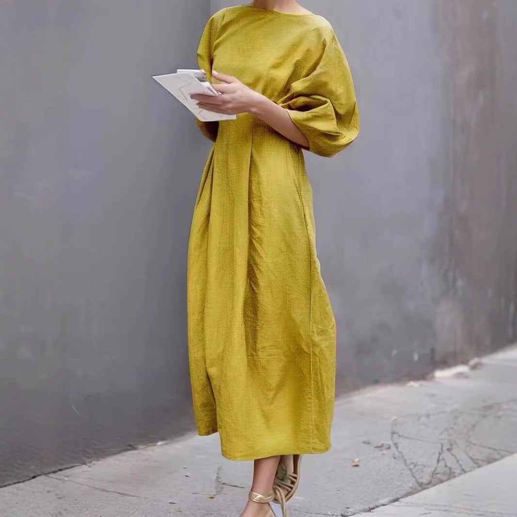 Women’s Midi Dress – Loose Fit – Puff Sleeve – Round Neck – Lightweight Casual Wear
