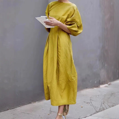 Women’s Midi Dress – Loose Fit – Puff Sleeve – Round Neck – Lightweight Casual Wear