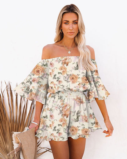 Women's Off-the-Shoulder Romper - Flowy Sleeves - Elastic Waist - Lightweight Breathable