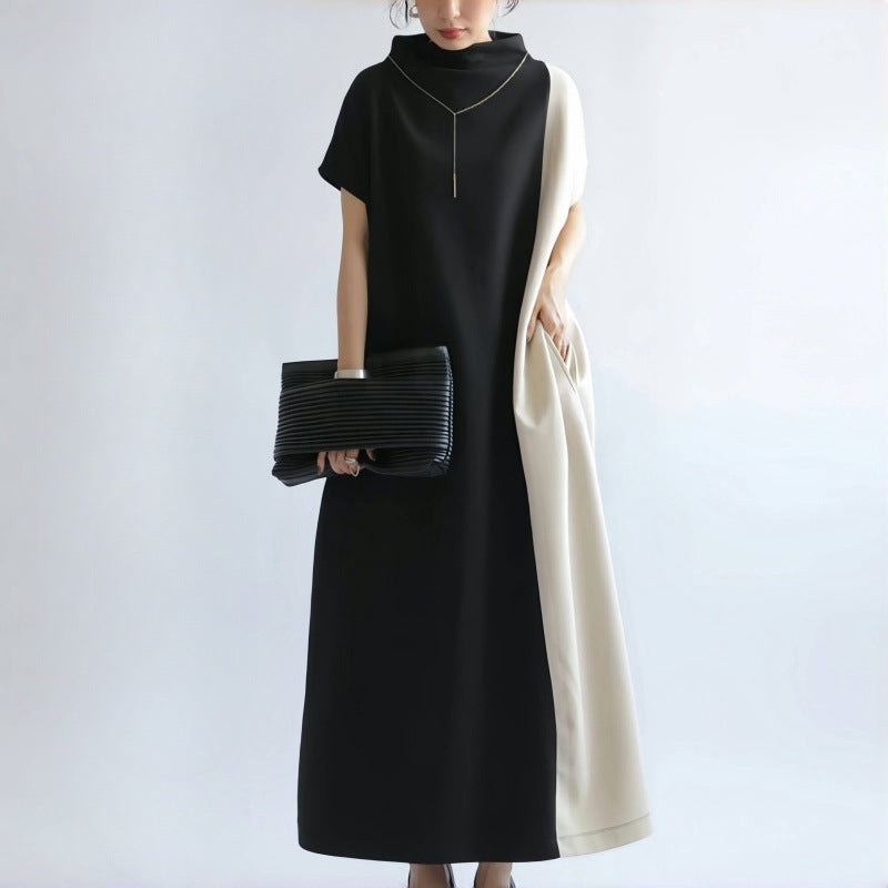 Women’s Midi Dress – Loose Fit – Half Turtleneck – Batwing Sleeve – Two-Tone Design