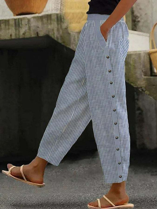 Striped Button Side Cropped Pants