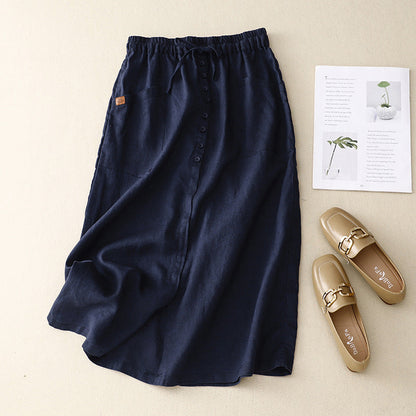 Women’s Mid-Length Skirt – A-Line Fit – Natural Fibers – Drawstring Waist – Pockets