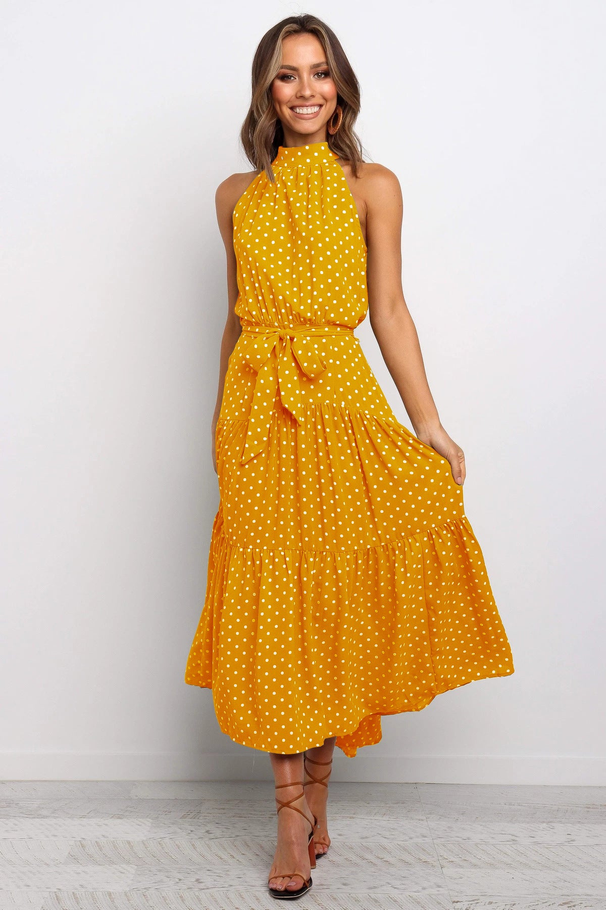 Women's Polka Dot Halter Maxi Dress – Elegant & Lightweight A-Line Fit