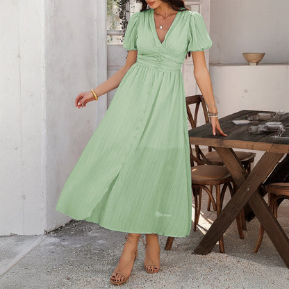 Women’s Maxi Dress – V-Neck – Puff Sleeve – Front Slit – Button Front – Cotton Blend